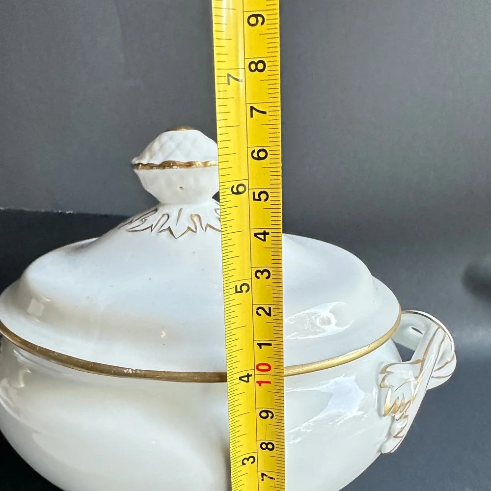 Vintage Porcelain Sauce Tureen Lid Underplate White Gold Trim 3pc Cottagecore